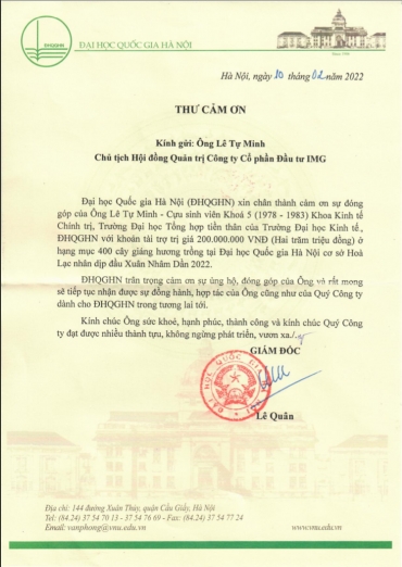 Công ty Cổ phần Đầu tư IMG tài trợ 200 triệu đồng cho trường Đại học Quốc gia Hà Nội